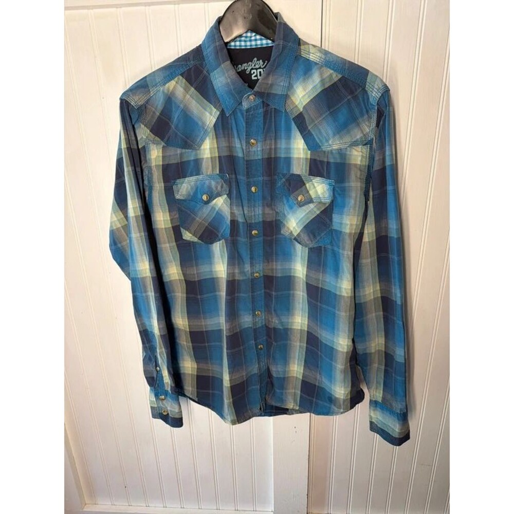 Wrangler 2OX Shirt Men’s Sz M Pearl snap Blue plaid cowboy western Cotton